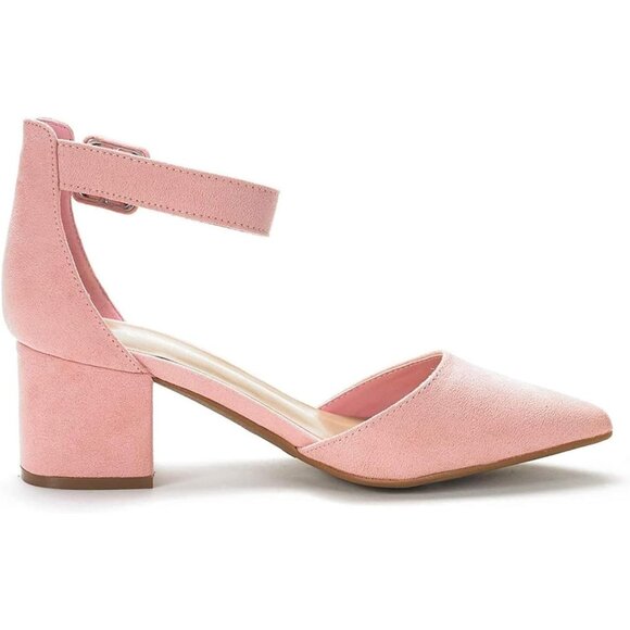 Dream Pairs Women's Pink Suede Pointed Closed Toe Low Block Ankle Strap Heels - Picture 4 of 7